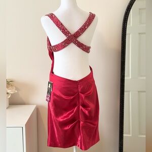 Blondie by Stacy Sklar Red Satin Beaded Crossback Dress NWT Size L